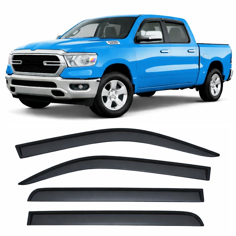 Optimal Co 2019-2026 Tape-On Side Window Deflector Visors Compatible with Dodge Ram 1500 Crew Cab Only Smoke Tinted Rain Guards 2020 2021 2022 2023 2024 2025 - Image 1